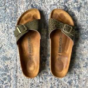 Birkenstock Madrid Olive reptile patent w gold buckle